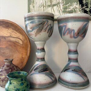 Vintage '87 Pair of Abstract Pottery Goblets